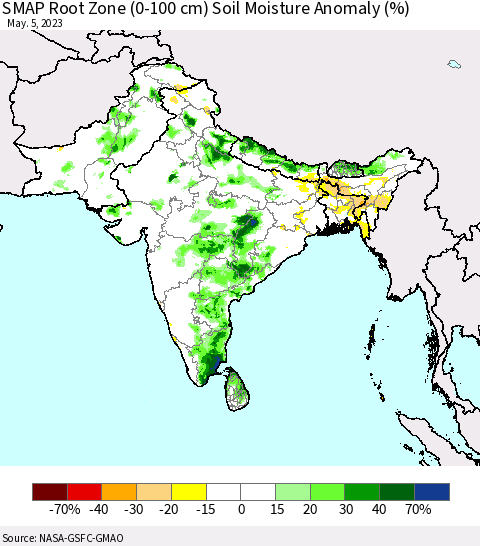 Southern Asia SMAP Root Zone (0-100 cm) Soil Moisture Anomaly (%) Thematic Map For 5/1/2023 - 5/5/2023