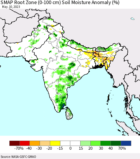 Southern Asia SMAP Root Zone (0-100 cm) Soil Moisture Anomaly (%) Thematic Map For 5/6/2023 - 5/10/2023