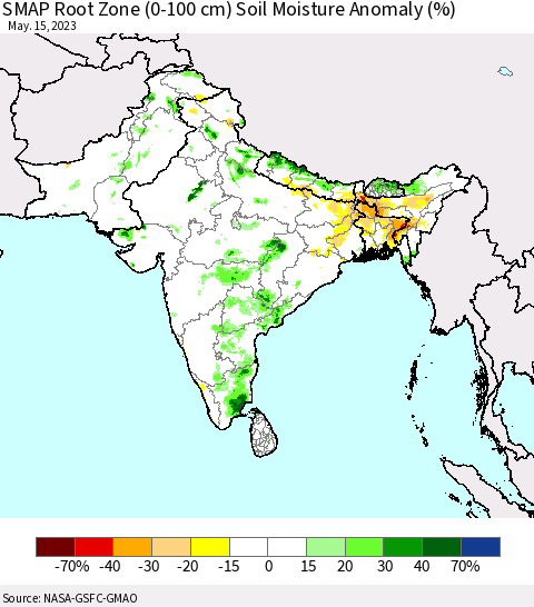 Southern Asia SMAP Root Zone (0-100 cm) Soil Moisture Anomaly (%) Thematic Map For 5/11/2023 - 5/15/2023