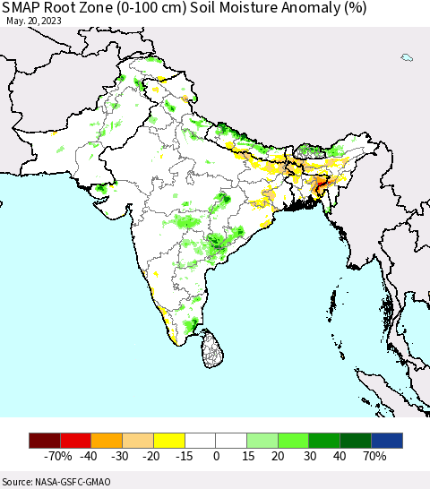 Southern Asia SMAP Root Zone (0-100 cm) Soil Moisture Anomaly (%) Thematic Map For 5/16/2023 - 5/20/2023