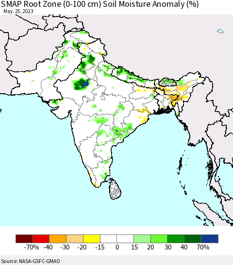 Southern Asia SMAP Root Zone (0-100 cm) Soil Moisture Anomaly (%) Thematic Map For 5/21/2023 - 5/25/2023