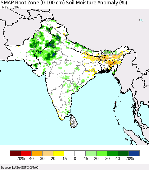Southern Asia SMAP Root Zone (0-100 cm) Soil Moisture Anomaly (%) Thematic Map For 5/26/2023 - 5/31/2023