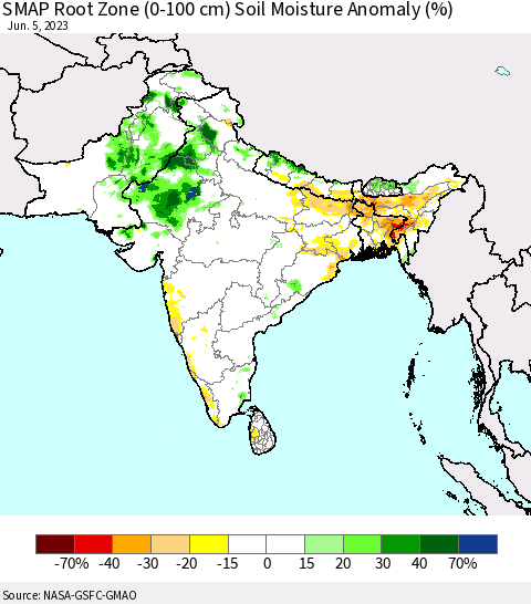 Southern Asia SMAP Root Zone (0-100 cm) Soil Moisture Anomaly (%) Thematic Map For 6/1/2023 - 6/5/2023