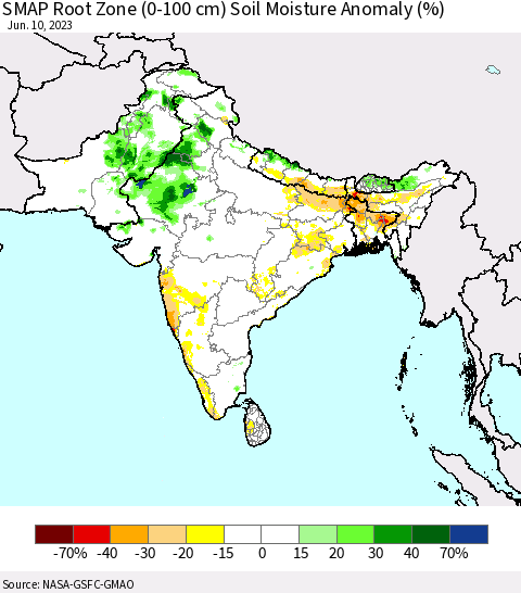 Southern Asia SMAP Root Zone (0-100 cm) Soil Moisture Anomaly (%) Thematic Map For 6/6/2023 - 6/10/2023