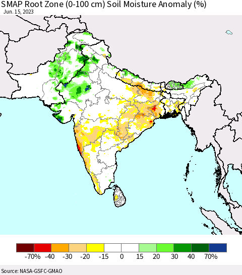 Southern Asia SMAP Root Zone (0-100 cm) Soil Moisture Anomaly (%) Thematic Map For 6/11/2023 - 6/15/2023
