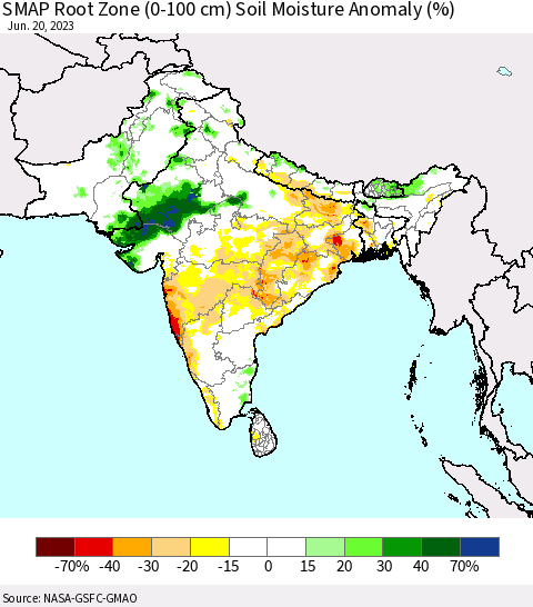 Southern Asia SMAP Root Zone (0-100 cm) Soil Moisture Anomaly (%) Thematic Map For 6/16/2023 - 6/20/2023