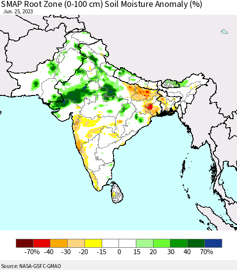 Southern Asia SMAP Root Zone (0-100 cm) Soil Moisture Anomaly (%) Thematic Map For 6/21/2023 - 6/25/2023