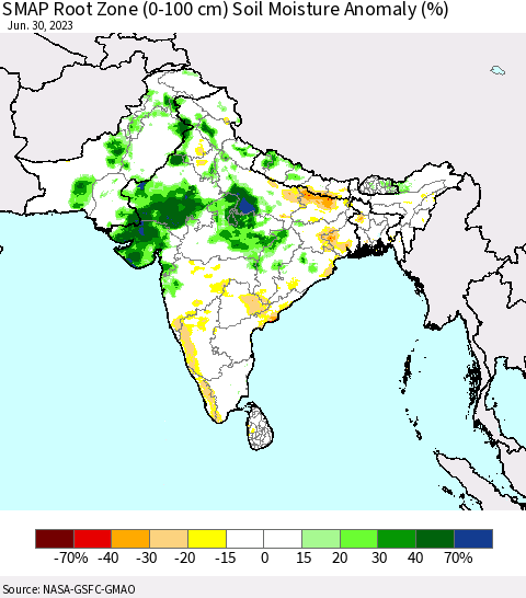 Southern Asia SMAP Root Zone (0-100 cm) Soil Moisture Anomaly (%) Thematic Map For 6/26/2023 - 6/30/2023