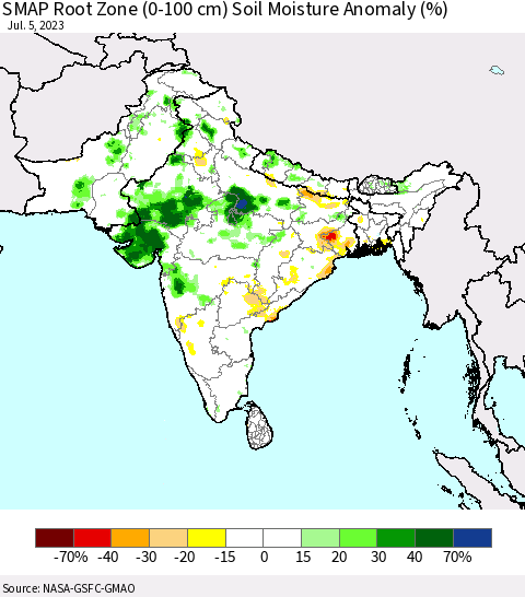 Southern Asia SMAP Root Zone (0-100 cm) Soil Moisture Anomaly (%) Thematic Map For 7/1/2023 - 7/5/2023