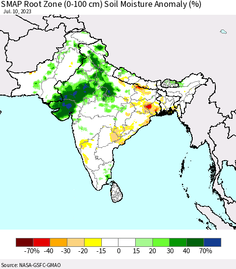 Southern Asia SMAP Root Zone (0-100 cm) Soil Moisture Anomaly (%) Thematic Map For 7/6/2023 - 7/10/2023