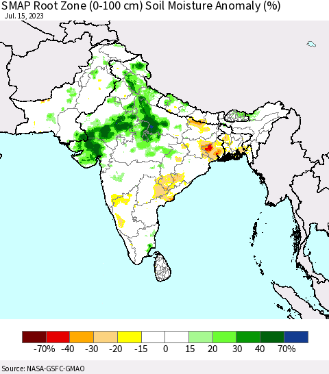 Southern Asia SMAP Root Zone (0-100 cm) Soil Moisture Anomaly (%) Thematic Map For 7/11/2023 - 7/15/2023