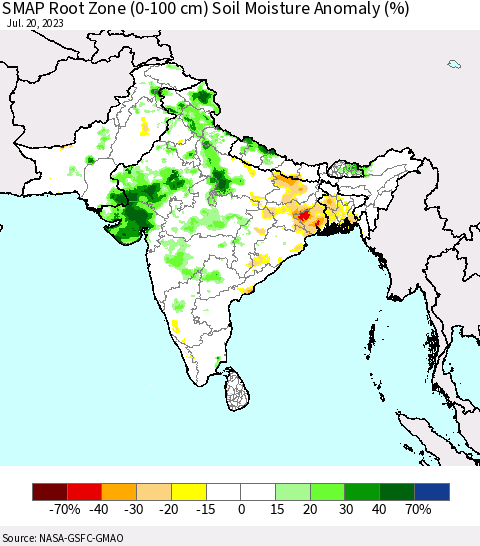 Southern Asia SMAP Root Zone (0-100 cm) Soil Moisture Anomaly (%) Thematic Map For 7/16/2023 - 7/20/2023