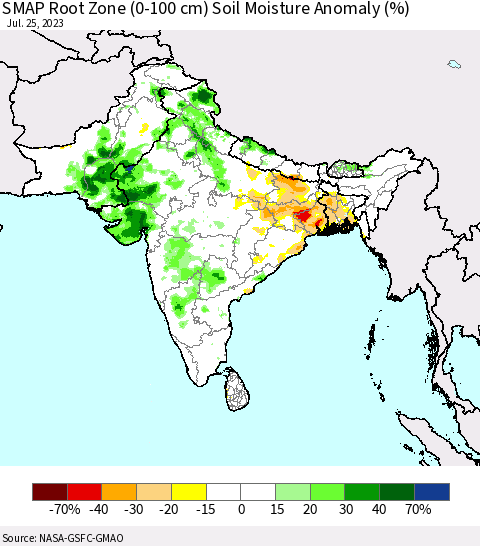 Southern Asia SMAP Root Zone (0-100 cm) Soil Moisture Anomaly (%) Thematic Map For 7/21/2023 - 7/25/2023