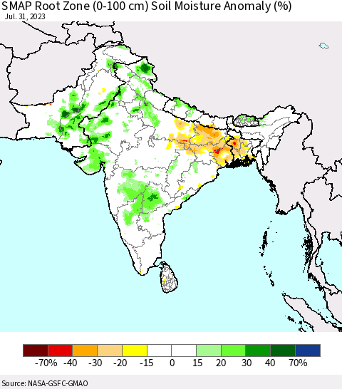 Southern Asia SMAP Root Zone (0-100 cm) Soil Moisture Anomaly (%) Thematic Map For 7/26/2023 - 7/31/2023