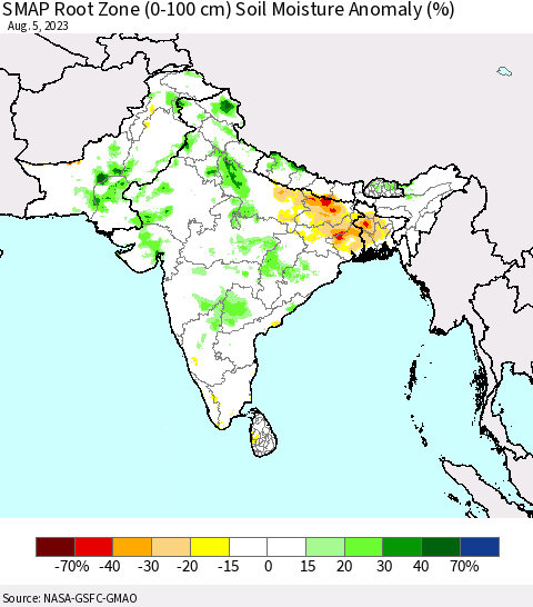 Southern Asia SMAP Root Zone (0-100 cm) Soil Moisture Anomaly (%) Thematic Map For 8/1/2023 - 8/5/2023