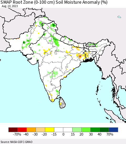 Southern Asia SMAP Root Zone (0-100 cm) Soil Moisture Anomaly (%) Thematic Map For 8/6/2023 - 8/10/2023