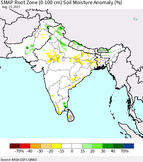 Southern Asia SMAP Root Zone (0-100 cm) Soil Moisture Anomaly (%) Thematic Map For 8/11/2023 - 8/15/2023