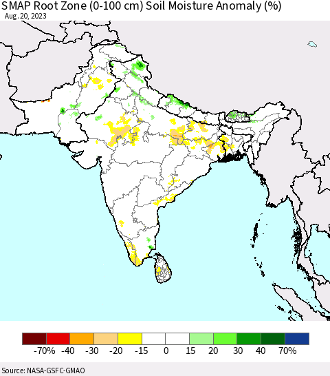 Southern Asia SMAP Root Zone (0-100 cm) Soil Moisture Anomaly (%) Thematic Map For 8/16/2023 - 8/20/2023