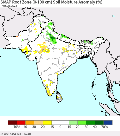Southern Asia SMAP Root Zone (0-100 cm) Soil Moisture Anomaly (%) Thematic Map For 8/21/2023 - 8/25/2023