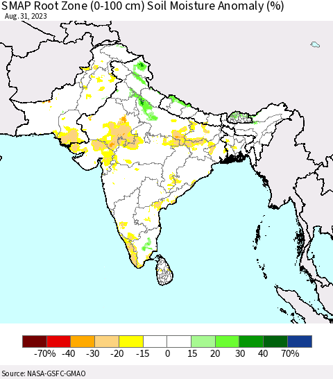 Southern Asia SMAP Root Zone (0-100 cm) Soil Moisture Anomaly (%) Thematic Map For 8/26/2023 - 8/31/2023