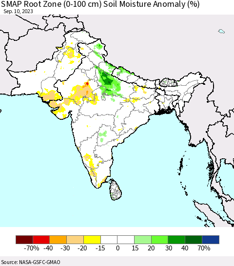 Southern Asia SMAP Root Zone (0-100 cm) Soil Moisture Anomaly (%) Thematic Map For 9/6/2023 - 9/10/2023