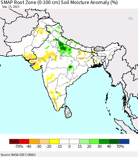 Southern Asia SMAP Root Zone (0-100 cm) Soil Moisture Anomaly (%) Thematic Map For 9/11/2023 - 9/15/2023