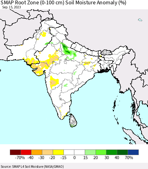 Southern Asia SMAP Root Zone (0-100 cm) Soil Moisture Anomaly (%) Thematic Map For 9/11/2023 - 9/15/2023