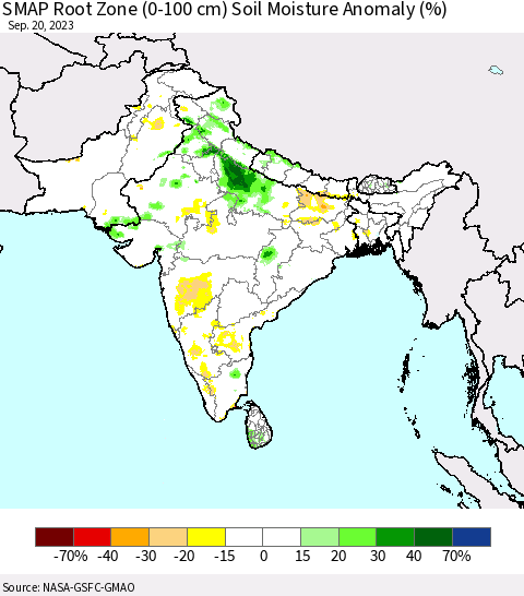 Southern Asia SMAP Root Zone (0-100 cm) Soil Moisture Anomaly (%) Thematic Map For 9/16/2023 - 9/20/2023