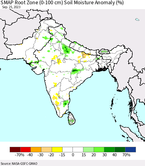 Southern Asia SMAP Root Zone (0-100 cm) Soil Moisture Anomaly (%) Thematic Map For 9/21/2023 - 9/25/2023