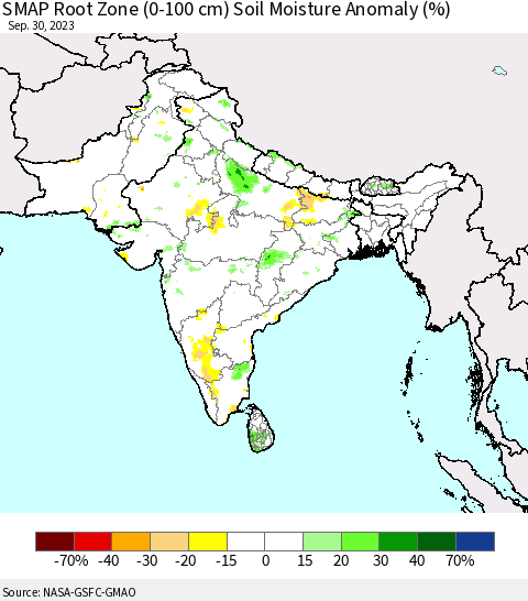 Southern Asia SMAP Root Zone (0-100 cm) Soil Moisture Anomaly (%) Thematic Map For 9/26/2023 - 9/30/2023