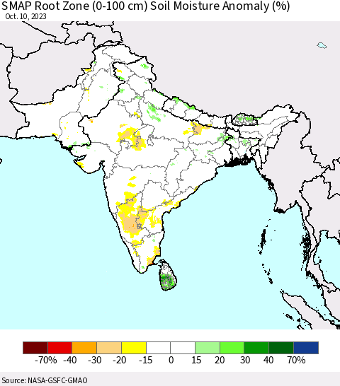 Southern Asia SMAP Root Zone (0-100 cm) Soil Moisture Anomaly (%) Thematic Map For 10/6/2023 - 10/10/2023