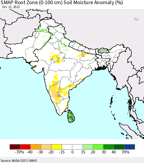 Southern Asia SMAP Root Zone (0-100 cm) Soil Moisture Anomaly (%) Thematic Map For 10/11/2023 - 10/15/2023