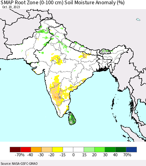 Southern Asia SMAP Root Zone (0-100 cm) Soil Moisture Anomaly (%) Thematic Map For 10/16/2023 - 10/20/2023