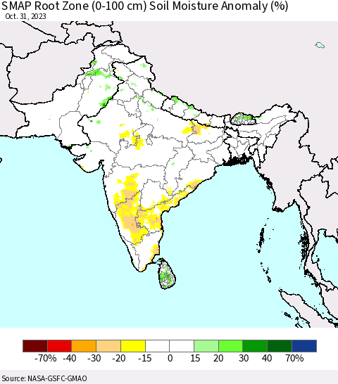 Southern Asia SMAP Root Zone (0-100 cm) Soil Moisture Anomaly (%) Thematic Map For 10/26/2023 - 10/31/2023