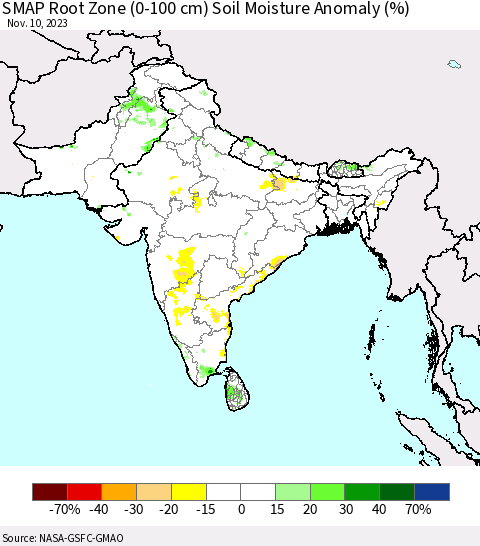 Southern Asia SMAP Root Zone (0-100 cm) Soil Moisture Anomaly (%) Thematic Map For 11/6/2023 - 11/10/2023