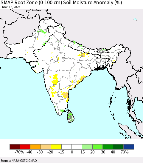 Southern Asia SMAP Root Zone (0-100 cm) Soil Moisture Anomaly (%) Thematic Map For 11/11/2023 - 11/15/2023