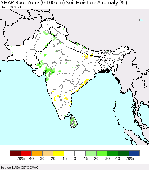 Southern Asia SMAP Root Zone (0-100 cm) Soil Moisture Anomaly (%) Thematic Map For 11/26/2023 - 11/30/2023