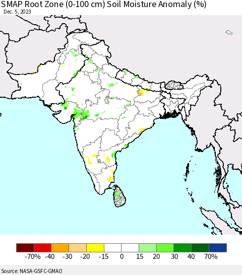 Southern Asia SMAP Root Zone (0-100 cm) Soil Moisture Anomaly (%) Thematic Map For 12/1/2023 - 12/5/2023