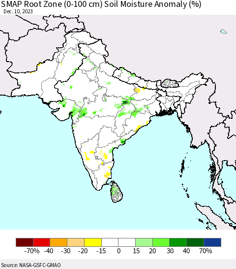 Southern Asia SMAP Root Zone (0-100 cm) Soil Moisture Anomaly (%) Thematic Map For 12/6/2023 - 12/10/2023