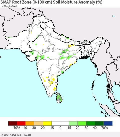 Southern Asia SMAP Root Zone (0-100 cm) Soil Moisture Anomaly (%) Thematic Map For 12/11/2023 - 12/15/2023