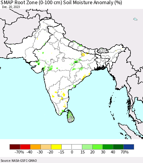 Southern Asia SMAP Root Zone (0-100 cm) Soil Moisture Anomaly (%) Thematic Map For 12/16/2023 - 12/20/2023