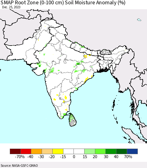 Southern Asia SMAP Root Zone (0-100 cm) Soil Moisture Anomaly (%) Thematic Map For 12/21/2023 - 12/25/2023