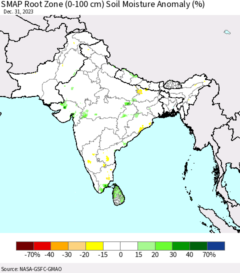 Southern Asia SMAP Root Zone (0-100 cm) Soil Moisture Anomaly (%) Thematic Map For 12/26/2023 - 12/31/2023