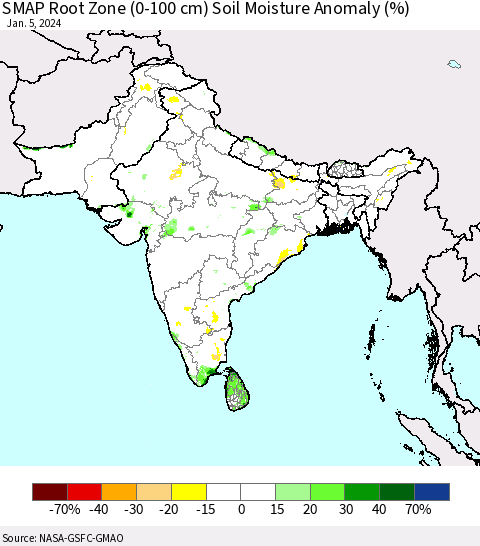 Southern Asia SMAP Root Zone (0-100 cm) Soil Moisture Anomaly (%) Thematic Map For 1/1/2024 - 1/5/2024