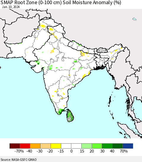 Southern Asia SMAP Root Zone (0-100 cm) Soil Moisture Anomaly (%) Thematic Map For 1/6/2024 - 1/10/2024