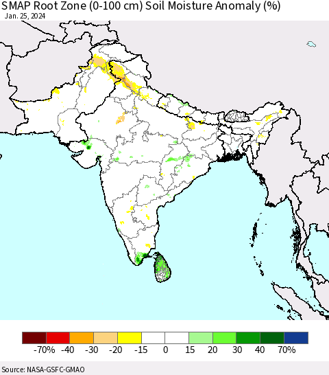 Southern Asia SMAP Root Zone (0-100 cm) Soil Moisture Anomaly (%) Thematic Map For 1/21/2024 - 1/25/2024