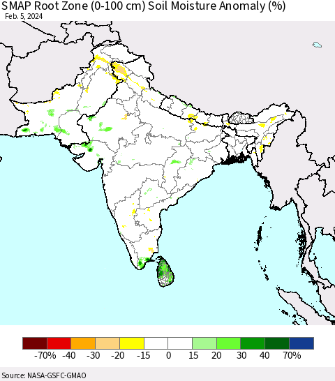 Southern Asia SMAP Root Zone (0-100 cm) Soil Moisture Anomaly (%) Thematic Map For 2/1/2024 - 2/5/2024