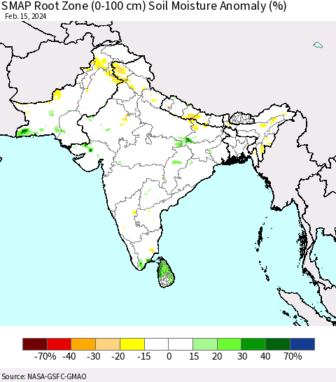 Southern Asia SMAP Root Zone (0-100 cm) Soil Moisture Anomaly (%) Thematic Map For 2/11/2024 - 2/15/2024