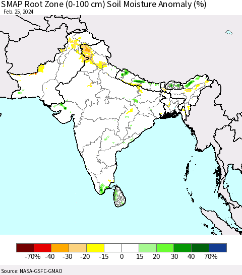 Southern Asia SMAP Root Zone (0-100 cm) Soil Moisture Anomaly (%) Thematic Map For 2/21/2024 - 2/25/2024