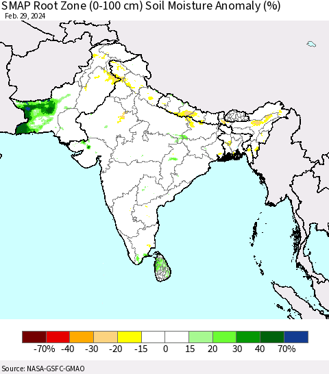 Southern Asia SMAP Root Zone (0-100 cm) Soil Moisture Anomaly (%) Thematic Map For 2/26/2024 - 2/29/2024